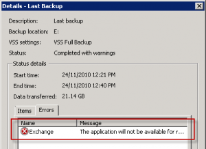 Event ID 2137 and Windows Server Backup Completed with Warnings for Exchange 2010 Mailbox Server