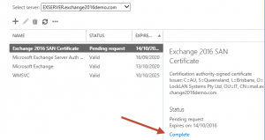 Completing a Pending SSL Certificate Request for Exchange Server 2016