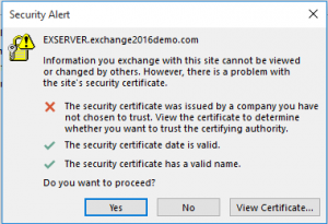 Certificate Warnings in Outlook After Installing Exchange Server 2016