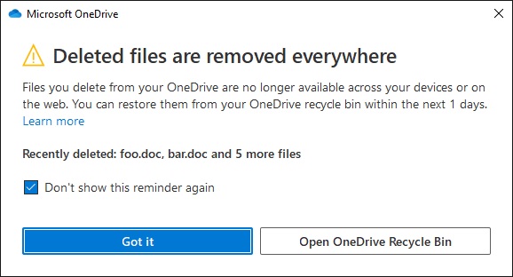 OneDrive's First File Delete warning