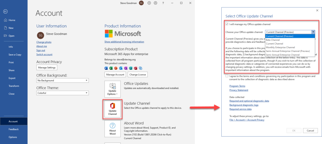 Switch between Office update channels and enable Teams Preview