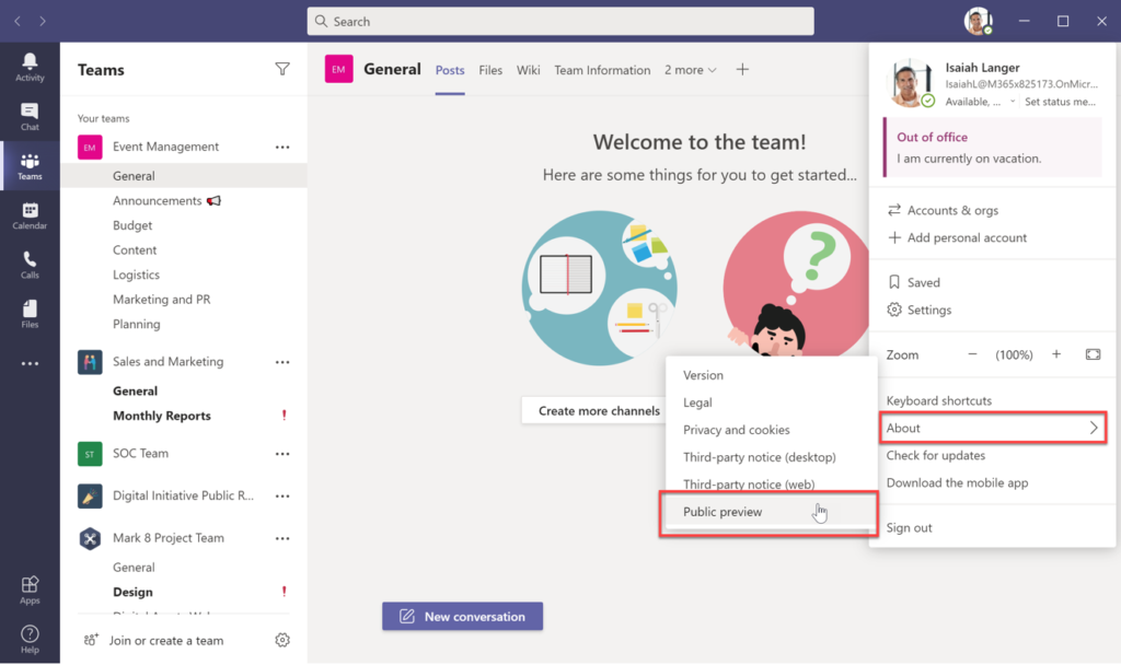Switch between Office update channels and enable Teams Preview features