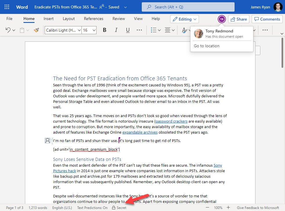 Co-authoring a protected document in Word Online