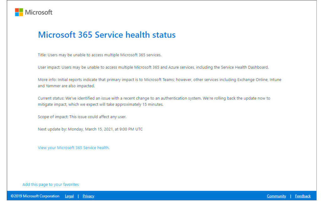 Microsoft 365 service health status page