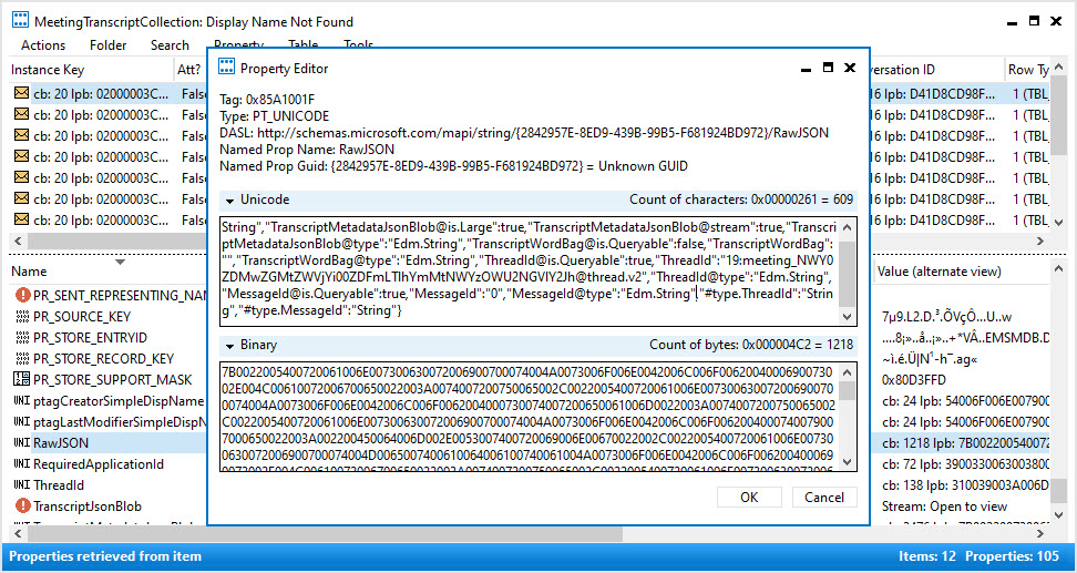 A Teams transcript item stored in an Exchange Online mailbox viewed through MFCMAPI