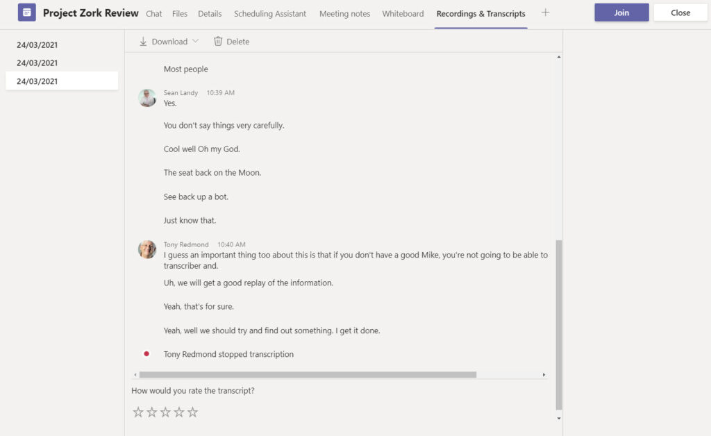 Viewing a transcript of a Teams meeting