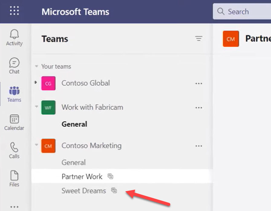 Shared channels in the Teams navigation pane have a different icon