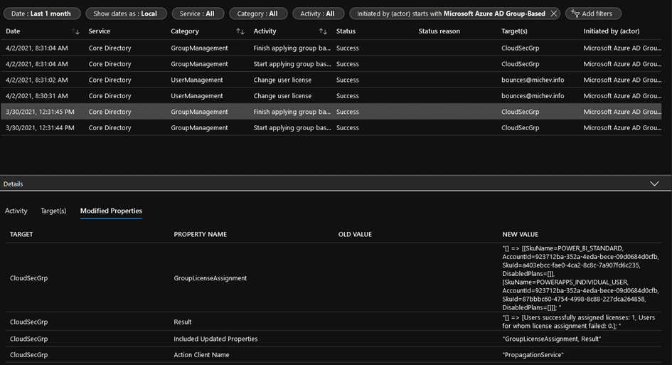 Audit events for a license assigned via a group