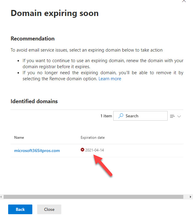 The expiring domain alert as it appears in the new EAC