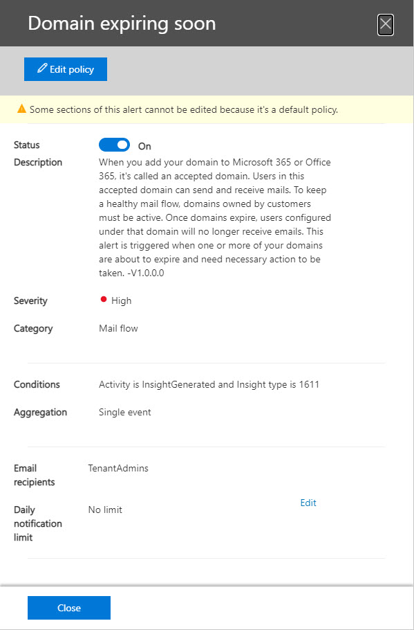 Office 365 Alert policy for domain expiring soon
