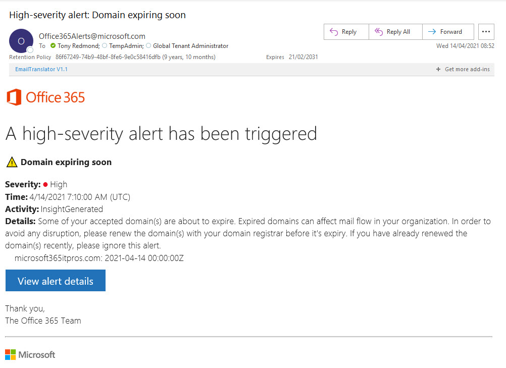 The notification sent to tenant administrators about a high-severity alert for an expiring domain