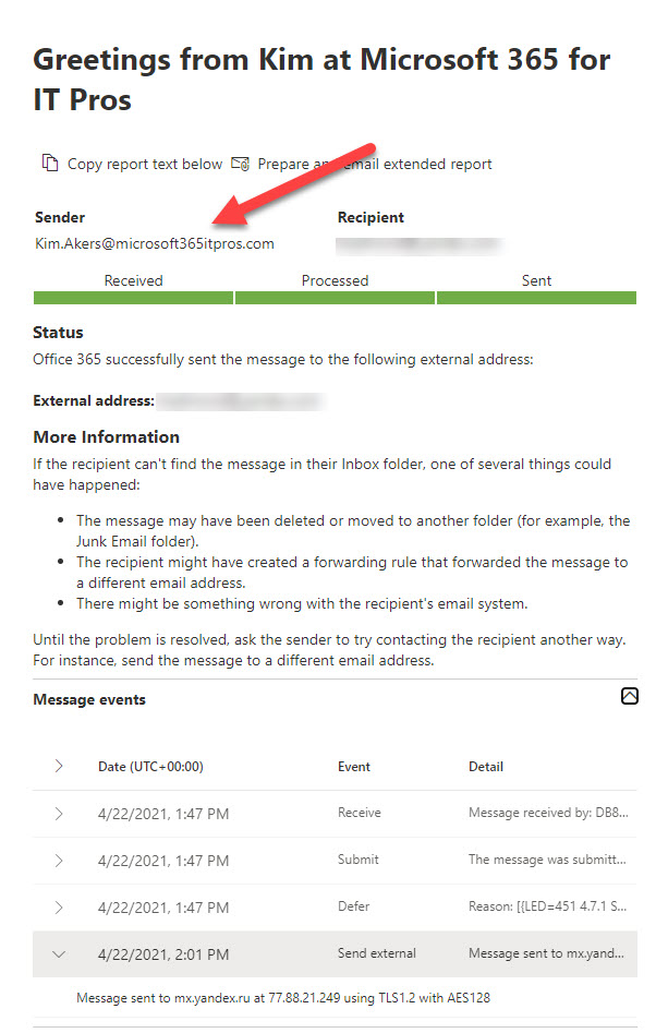 Message trace shows the sent email uses the proxy address