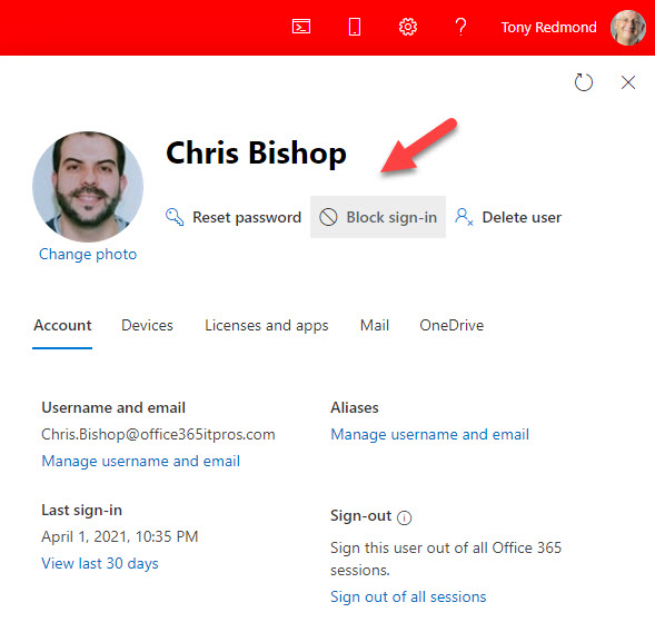 Blocking a user account in the Microsoft 365 admin center