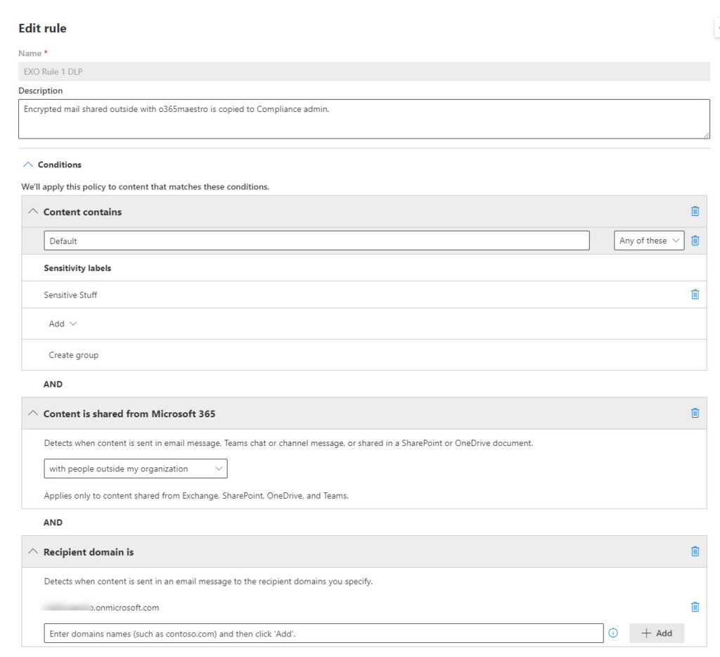 Stating conditions in a rule for a unified DLP policy