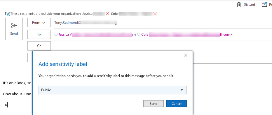 Outlook requires a message have a sensitivity label before it can be sent