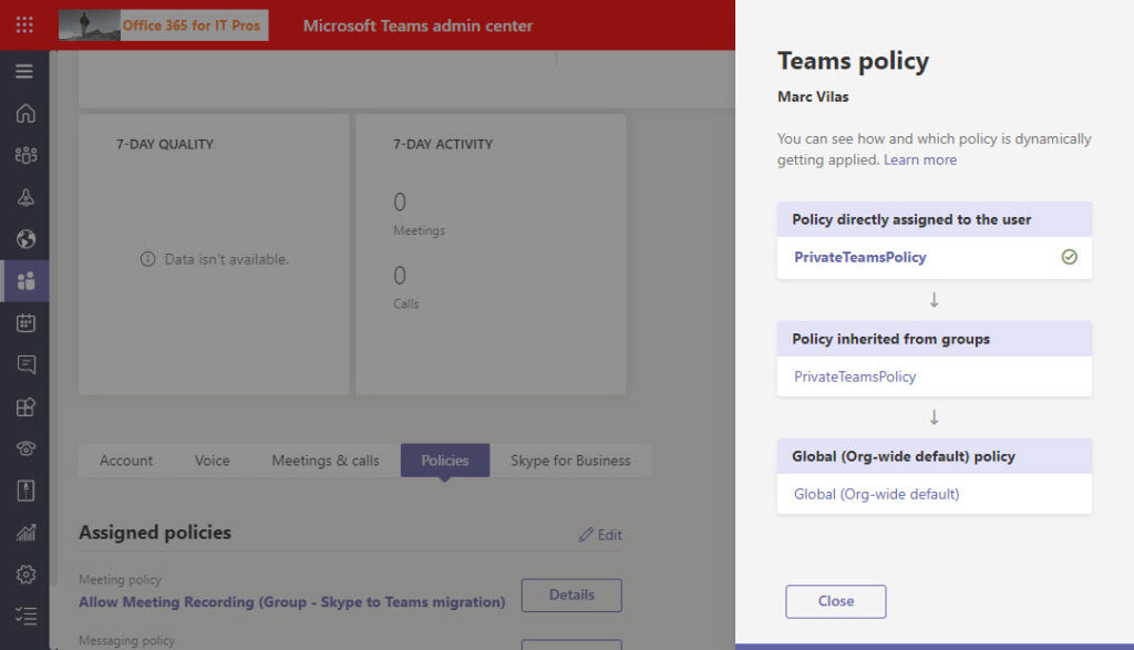 Precedence order for the Teams meeting policy applied to a user account