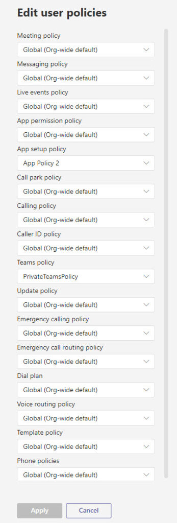 Editing the many policies assigned to a Teams user 