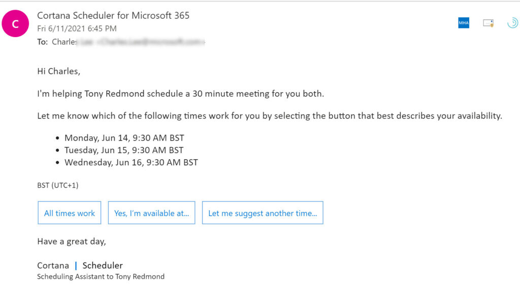 Cortana sends a meeting request to an external recipient