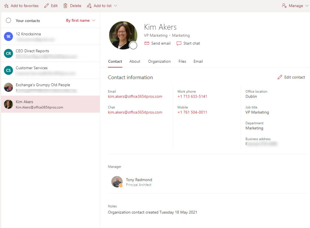 Organizational contacts created in a user mailbox