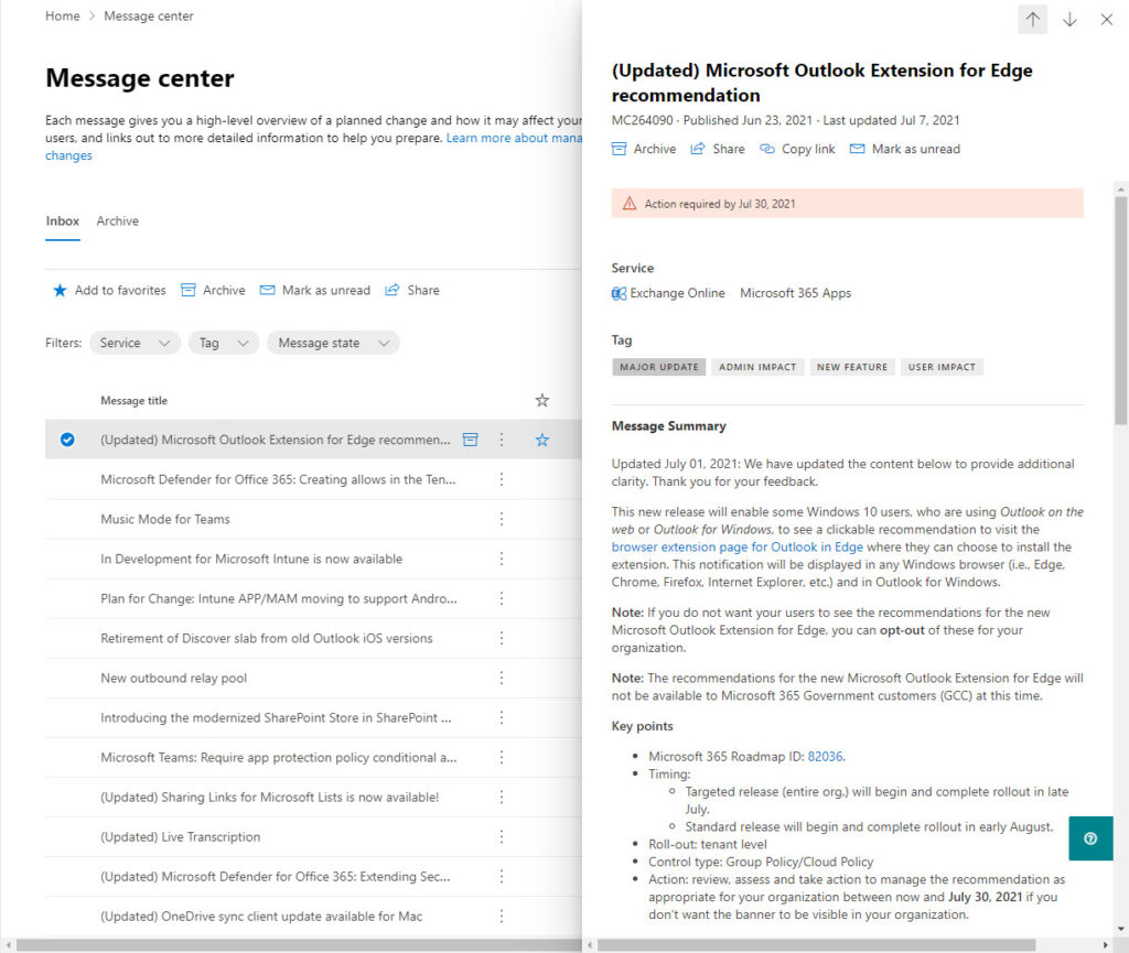 Service update messages in the Microsoft 365 admin center