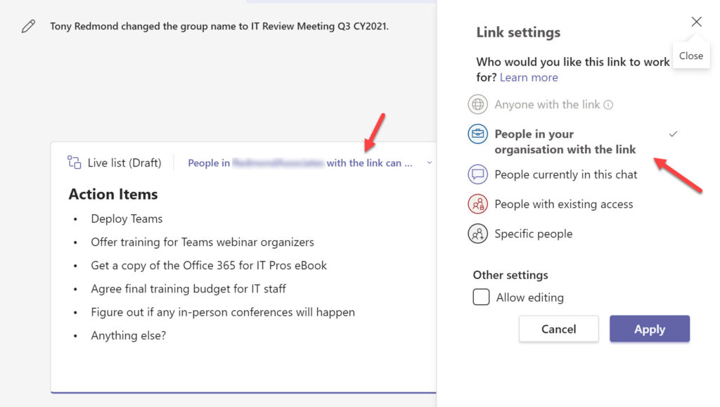 A sharing link allows chat participants access to the live component