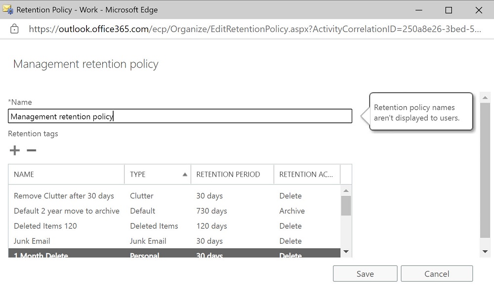 Viewing the tags in an Exchange Online retention policy