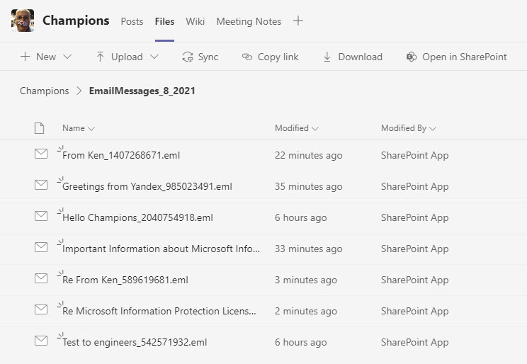 Copies of email messages sent to a channel stored in SharePoint Online