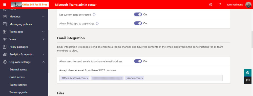 Email integration settings in the Teams admin center