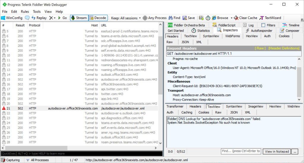 Fiddler trace of Autodiscover interactions reveals a failure