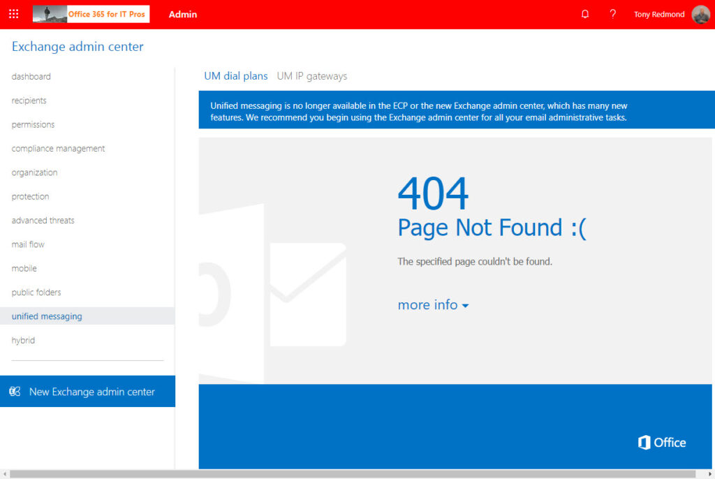 Selecting Unified Messaging in the old EAC delivers a 404 error