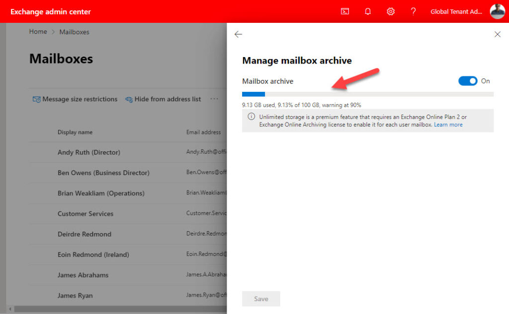Examining a mailbox's archive statistics using the new Exchange Online admin center