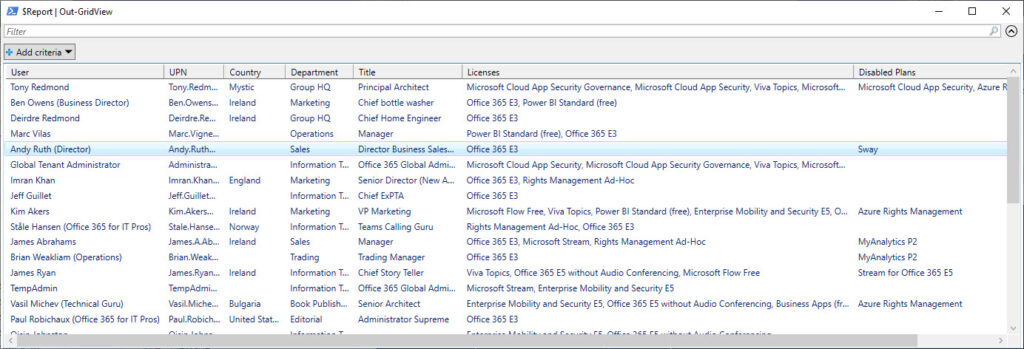 Using Out-GridView to view the license information