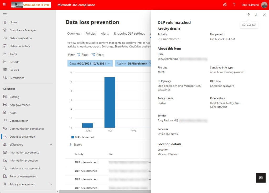 The Activity Explorer in the Microsoft 365 Compliance Center displays DLP rule matches