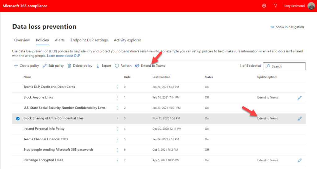 The Compliance Center offers to "extend" a DLP policy to Teams