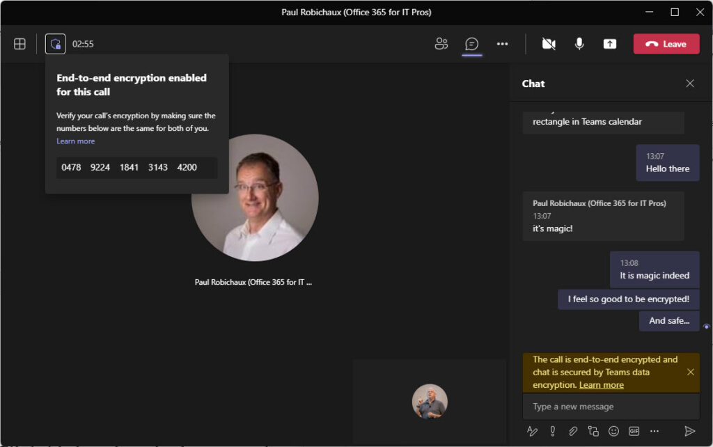 The numbers prove that a Teams call is using end to end encryption