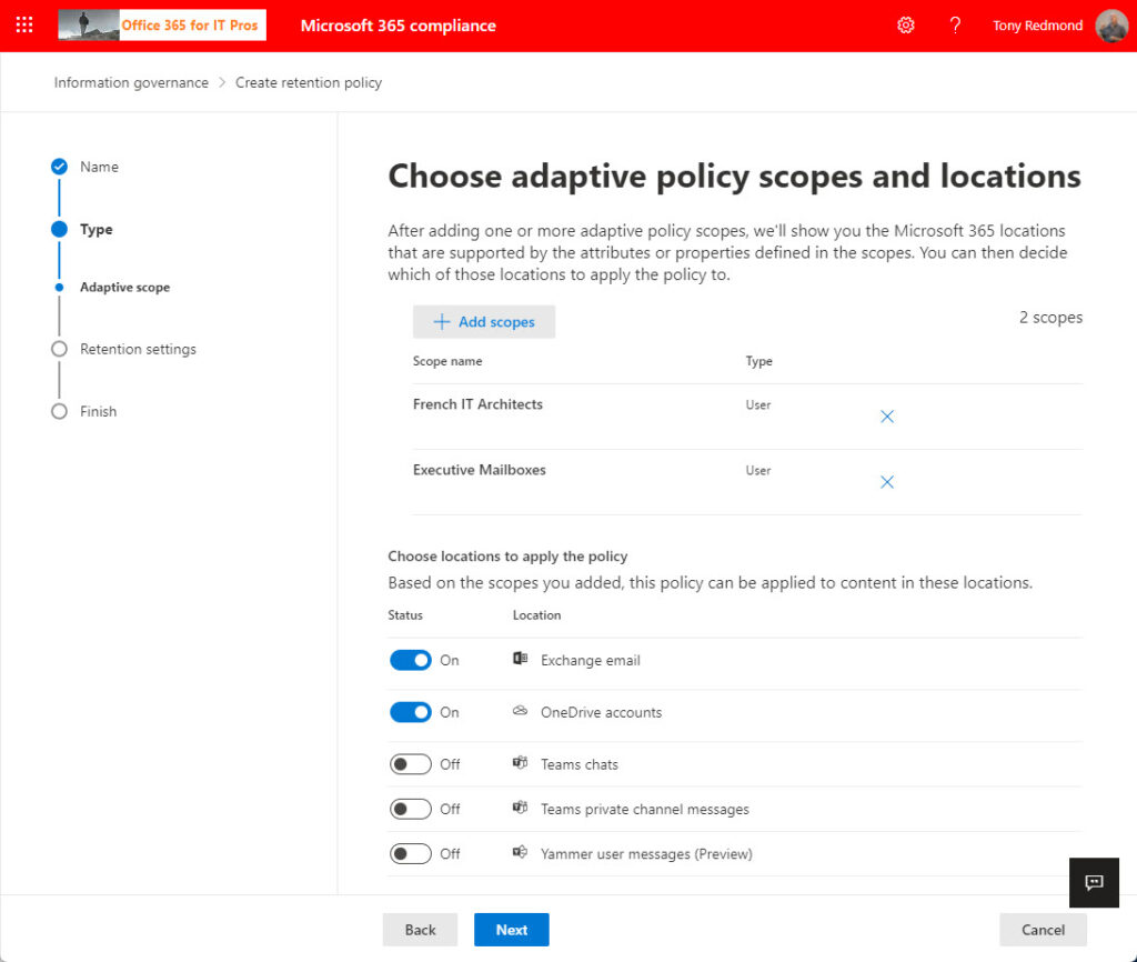Using Adaptive Scopes with Microsoft 365 Retention Policies for Users and Groups