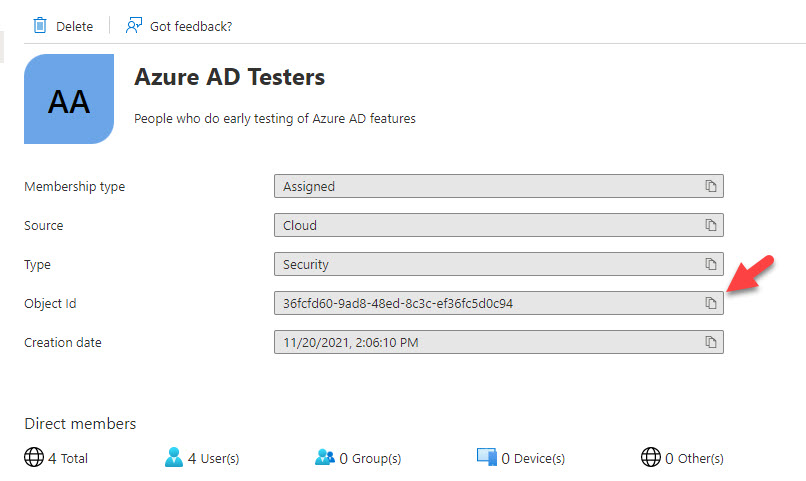 Azure AD group properties