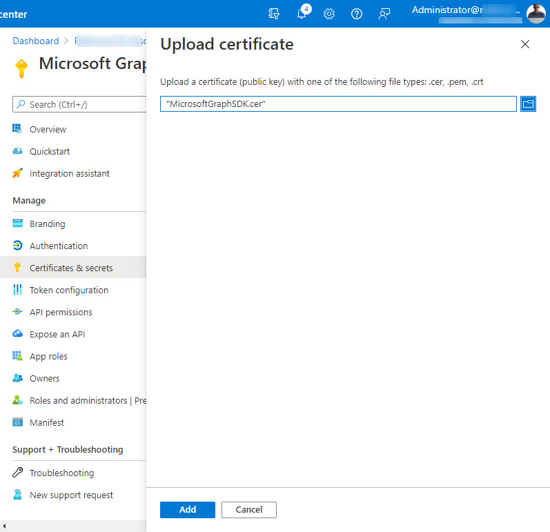 Uploading a certificate file to an Azure AD app