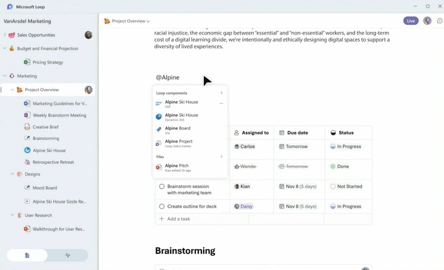 Microsoft Loop workspace (source: Microsoft)