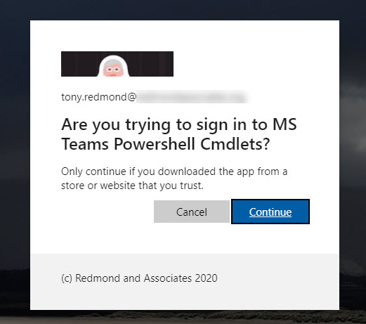 Confirming sign-in to the Teams PowerShell app