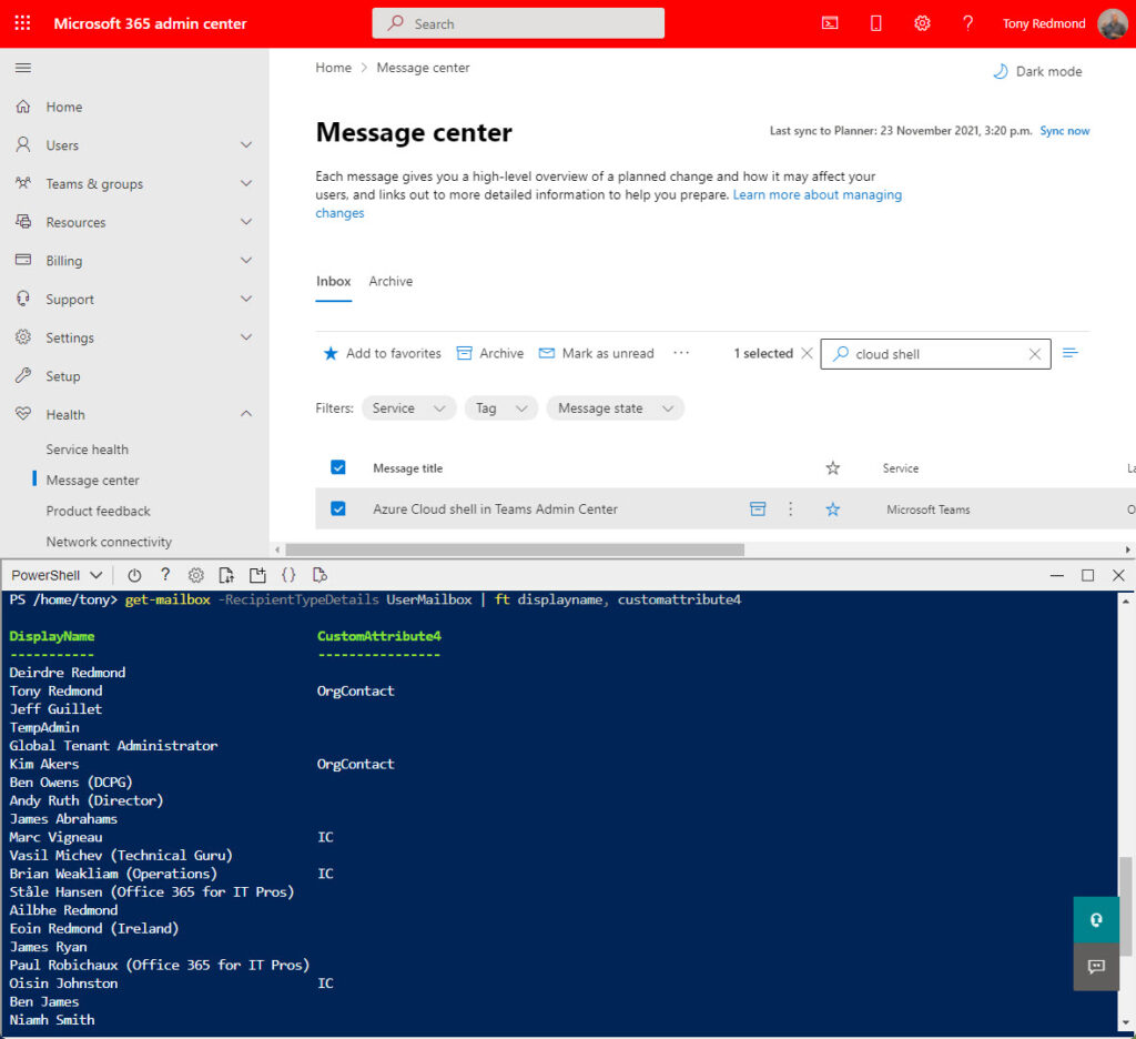 Running Exchange cmdlets from a Cloud Shell session created from the Microsoft 365 admin center