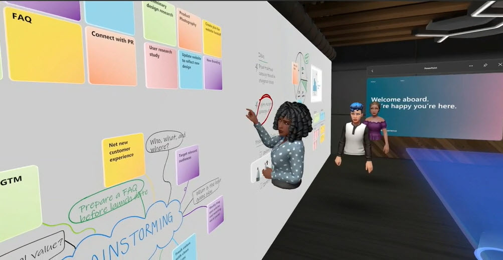 Avatars representing human users working on a whiteboard in a Teams mesh meeting