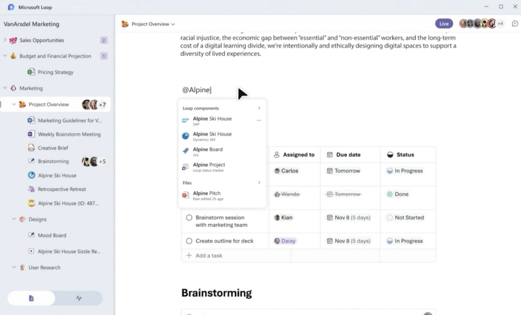 Microsoft Loop, showing the workspace view with a menu on the left hand side showing the "Team" and the "Document" being worked on, and the document itself with the 