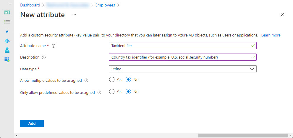 Creating a new Azure AD custom security attribute