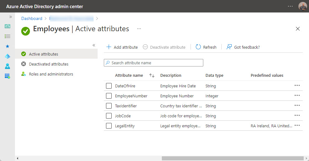 Attributes in an Azure AD custom security attribute set