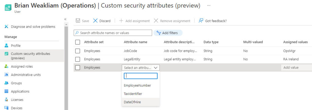 Adding Azure AD custom security attributes for a user