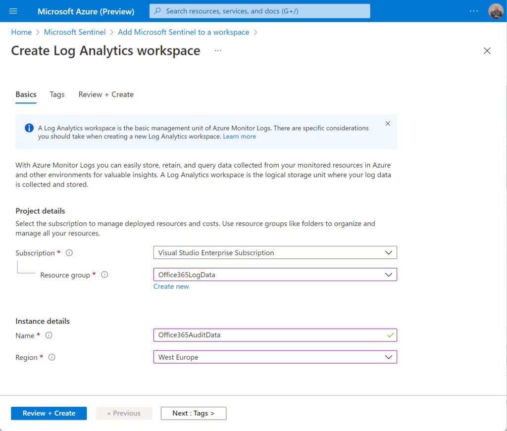 Creating a new log analytics workspace for Microsoft Sentinel