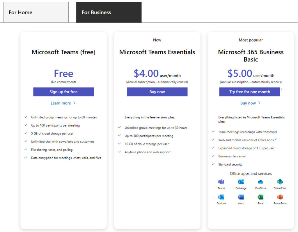 Comparing Teams Free, Teams Essentials, and Microsoft 365 Business Basic