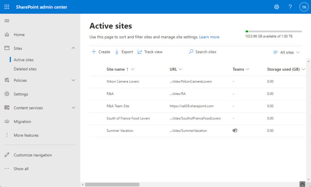 The SharePoint Online admin center for a Teams Free tenant