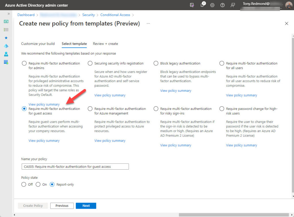 Create a new conditional access policy to control guest access from a template